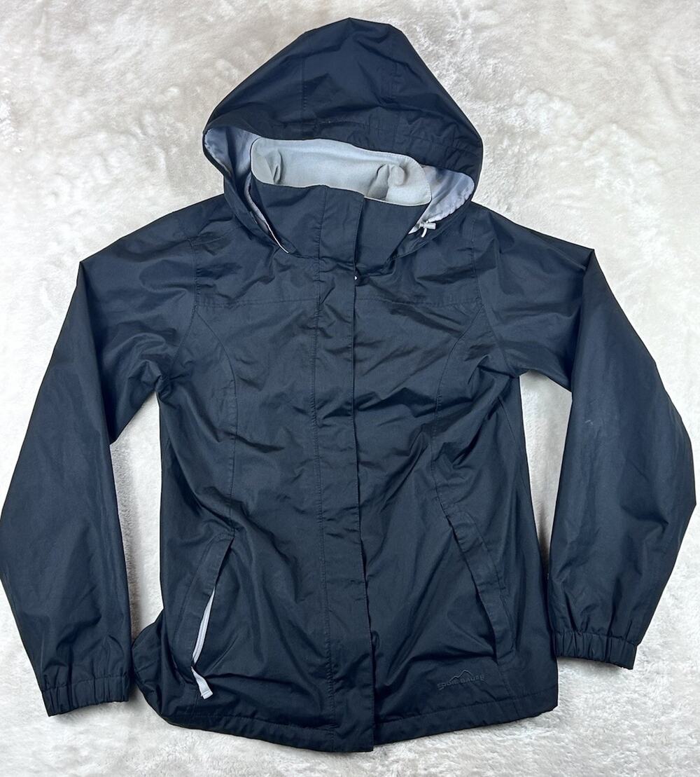 Eddie Bauer Jacket Womens M Black WeatherEdge Full Zip Hooded Rain Coat Shell